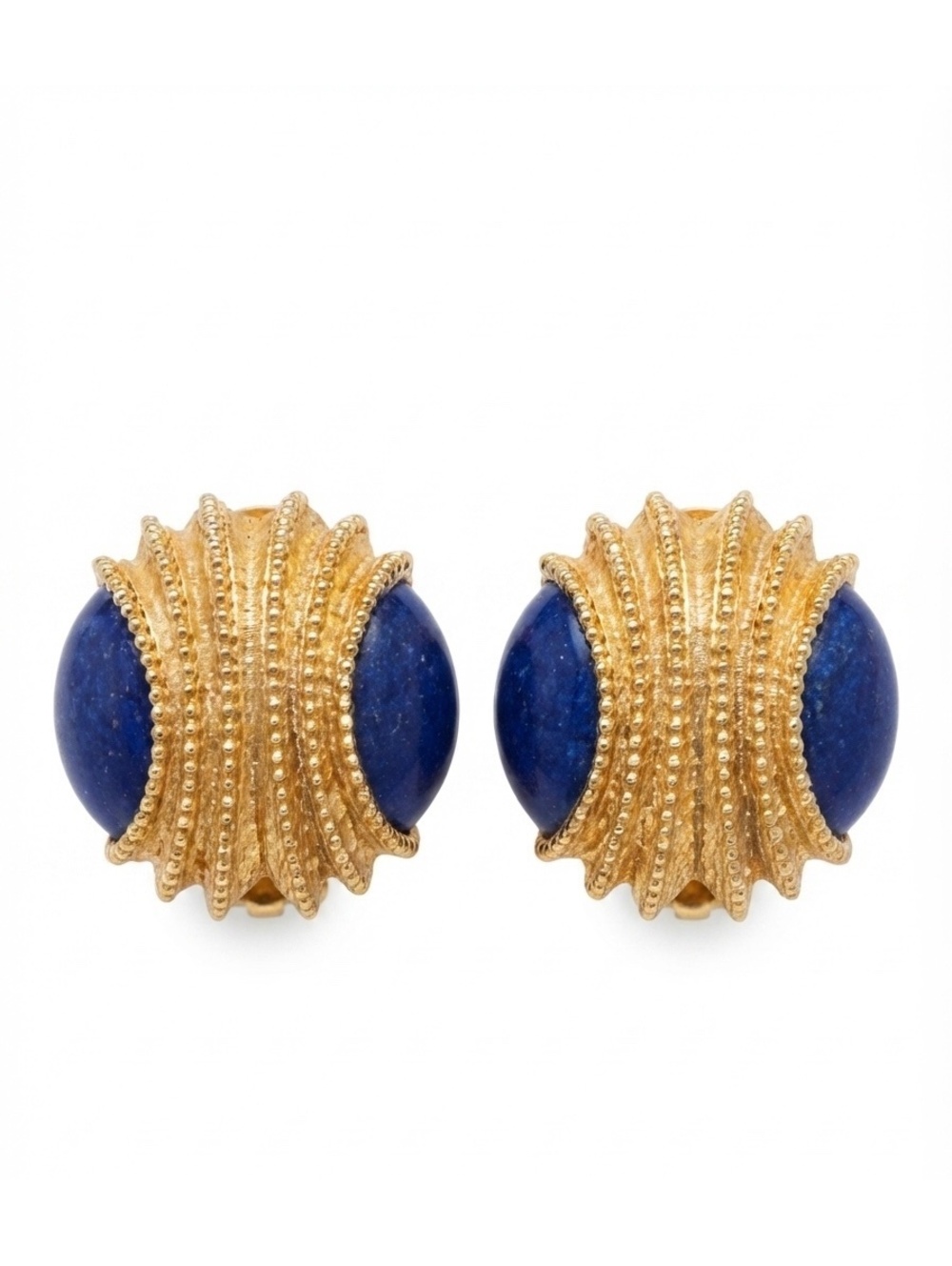 Vintage Orena Paris Earrings with Blue Cabochon and Gold Tone Beaded Design